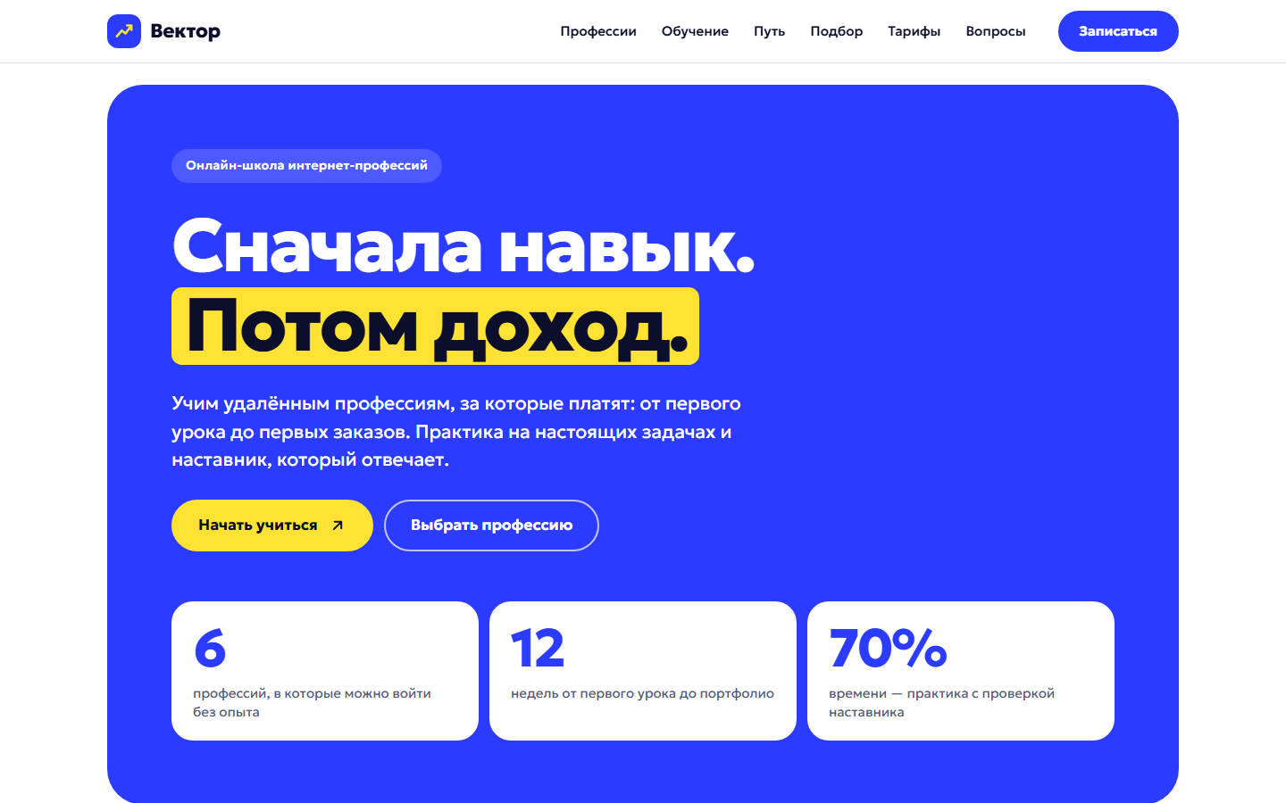 Первый экран сайта школы «Вектор»: синий блок, заголовок «Сначала навык. Потом доход.» с жёлтым маркером и три карточки с цифрами